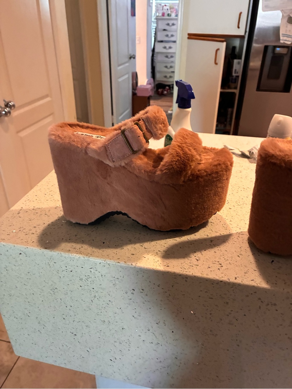 Fuzzy Platform Mule Sandals in Rust from Priviledge-lemon drop
